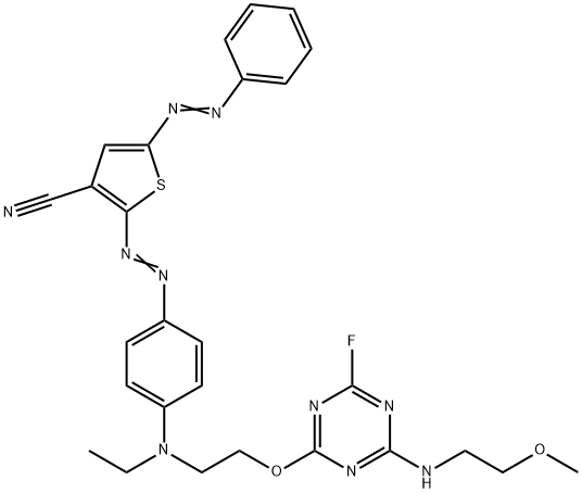 2-[[4-[Ethyl[2-[[4-fluoro-6-[(2-methoxyethyl)amino]-s-triazine-2-yl]oxy]ethyl]amino]phenyl]azo]-5-(phenylazo)thiophene-3-carbonitrile Struktur