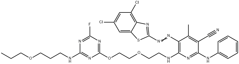 2-[6-Anilino-5-cyano-2-[2-[2-[4-fluoro-6-(3-propoxypropylamino)-1,3,5-triazin-2-yloxy]ethoxy]ethylamino]-4-methyl-3-pyridylazo]-4,6-dichlorobenzothiazole Struktur