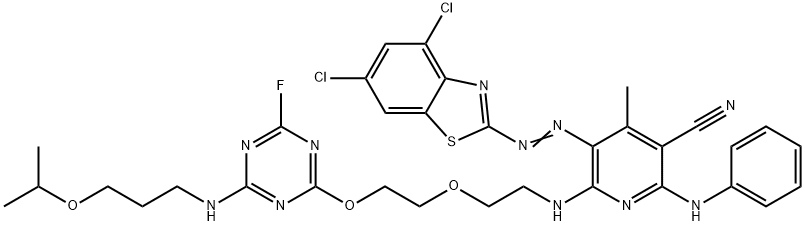 2-[6-Anilino-5-cyano-2-[2-[2-[4-fluoro-6-(3-isopropoxypropylamino)-1,3,5-triazin-2-yloxy]ethoxy]ethylamino]-4-methyl-3-pyridylazo]-4,6-dichlorobenzothiazole Struktur