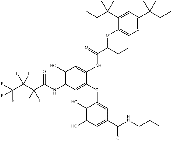 N-Propyl-3-[2-[2-(2,4-di-tert-pentylphenoxy)butyrylamino]-5-[(heptafluorobutyryl)amino]-4-hydroxyphenoxy]-4,5-dihydroxybenzamide Struktur