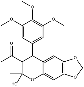 Ethanone, 1-(7,8-dihydro-6-hydroxy-6-methyl-8-(3,4,5-trimethoxyphenyl) -6H-1,3-dioxolo(4,5-g)(1)benzopyran-7-yl)- Struktur