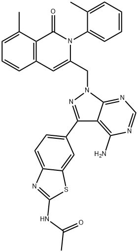 ACETAMIDE, N-[6-[4-AMINO-1-[[1,2-DIHYDRO-8-METHYL-2-(2-METHYLPHENYL)-1-OXO-3-ISOQUINOLINYL]METHYL]-1H-PYRAZOLO[3,4-D]PYRIMIDIN-3-YL]-2-BENZOTHIAZOLYL]- Struktur