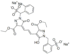 2-[3-Ethoxycarbonyl-4-[3-[3-ethoxycarbonyl-5-oxo-1-(2-sodiosulfobenzyl)-2-pyrazolin-4-ylidene]-1-propenyl]-5-hydroxy-1H-pyrazol-1-ylmethyl]benzenesulfonic acid sodium salt Struktur