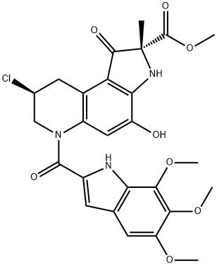 1H-Pyrrolo3,2-fquinoline-2-carboxylic acid, 8-chloro-2,3,6,7,8,9-hexahydro-4-hydroxy-2-methyl-1-oxo-6-(5,6,7-trimethoxy-1H-indol-2-yl)carbonyl-, methyl ester, (2R,8S)- Struktur