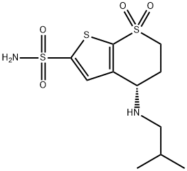 [S,(+)]-4β-(Isobutylamino)-5,6-dihydro-4H-thieno[2,3-b]thiopyran-2-sulfonamide 7,7-dioxide·hydrochloride Struktur