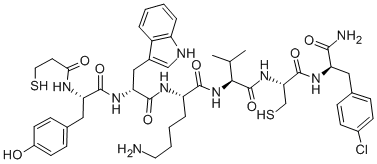 3-Mercaptopropionyl-Tyr-D-Trp-Lys-Val-Cys-p-chloro-D-Phe-NH2, (Disulfide bond between Deamino-Cys1 and Cys6) Struktur