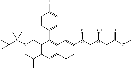 Methyl rel-(E)-7-[5-tert-Butyldimethylsilyloxymethyl-2,6-diisopropyl-4-
(4-fluorophenyl)-pyrid-3-yl]-3,5-dihydroxy-6-heptenoate Struktur