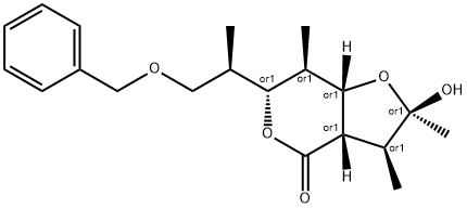 6-(3-benzyloxy-2-propyl)-2-hydroxy-2,3,7-trimethylhexahydro-4H-furo(3,2-c)pyran-4-one Struktur