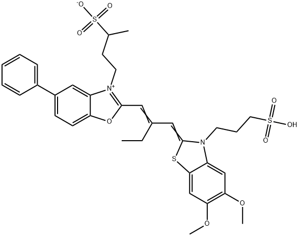 Benzoxazolium, 2-[2-[[5,6-dimethoxy-3-(3- sulfopropyl)-2(3H)-benzothiazolylidene]methyl]-1 -butenyl]-5-phenyl-3-(3-sulfobutyl)-, hydroxide, inner salt Struktur