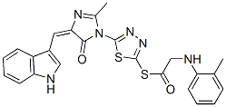 (5E)-5-(1H-indol-3-ylmethylidene)-2-methyl-3-[5-[2-[(2-methylphenyl)am ino]acetyl]sulfanyl-1,3,4-thiadiazol-2-yl]imidazol-4-one Struktur