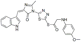 (5E)-5-(1H-indol-3-ylmethylidene)-3-[5-[2-[(4-methoxyphenyl)amino]acet yl]sulfanyl-1,3,4-thiadiazol-2-yl]-2-methyl-imidazol-4-one Struktur