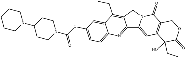 [1,4'-Bipiperidine]-1'-carboxylic acid, 4,11-diethyl-3,4,12,14-tetrahydro-4-hydroxy-3,14-dioxo-1H-pyrano[3',4':6,7]indolizino[1,2-b]quinolin-9-yl ester, (+-)- Struktur