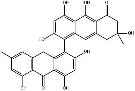 3-Methyl-3,6,8,9-tetrahydroxy-3,4-dihydro-5-[(9,10-dihydro-2,4,5-trihydroxy-7-methyl-10-oxoanthracen)-1-yl]anthracen-1(2H)-one Struktur