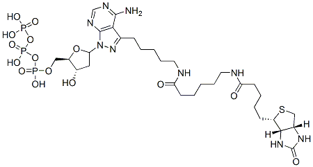 3-(5-((N-biotinyl-6-aminocaproyl)amino)pentyl)-1-(2-deoxyerythropentofuranosyl)-1H-pyrazolo(3,4-d)pyrimidin-4-amine-5'-triphosphate Struktur