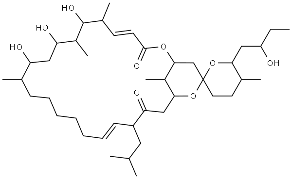 (4E,18E)-3',4',5',6'-Tetrahydro-7,9,11-trihydroxy-6'-(2-hydroxybutyl)-5',6,8,12,27-pentamethyl-20-(2-methylpropyl)spiro[2,24-dioxabicyclo[21.3.1]heptacosa-4,18-diene-25,2'-[2H]pyran]-3,21-dione Struktur