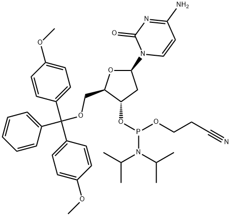 (2R,3S,5R)-5-(4-AMINO-2-OXOPYRIMIDIN-1(2H)-YL)-2-((BIS(4-METHOXYPHENYL)(PHENYL)METHOXY)METHYL)TETRAHYDROFURAN-3-YL 2-CYANOETHYL DIISOPROPYLPHOSPHORAMIDITE Struktur