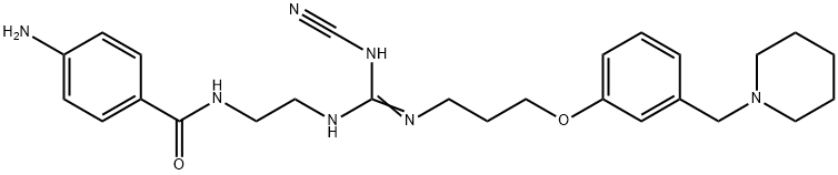 4-AMINO-N-[2-[[(CYANOAMINO)[[3-[3-(1-PIPERIDINYLMETHYL)PHENOXY]PROPYL]IMINO]METHYL]AMINO]ETHYL]BENZAMIDE Struktur