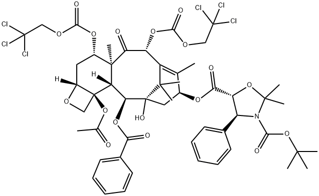 13-{[(3-N-Boc)-2,2-dimethyl-4S-phenyl-1,3-oxazolidin-5R-yl]formyl}-10-deacetyl-7,10-bis{[(2,2,2-trichloroethyl)oxy]carbonyl} Baccatin III Struktur