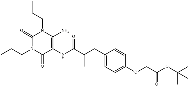 Acetic  acid,  [4-[3-[(6-amino-1,2,3,4-tetrahydro-2,4-dioxo-1,3-dipropyl-5-pyrimidinyl)amino]-2-methyl-3-oxopropyl]phenoxy]-,  1,1-dimethylethyl  ester Struktur