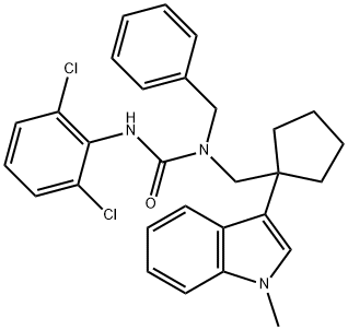 1-benzyl-3-(2,6-dichlorophenyl)-1-[[1-(1-methylindol-3-yl)cyclopentyl] methyl]urea Struktur