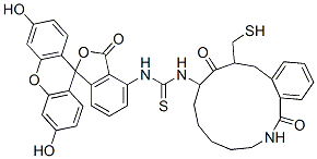 N-(fluoresceinyl)-N'-(1-(6-(3-mercapto-2-benzyl-1-oxopropyl)amino)-1-hexyl)thiocarbamide Struktur