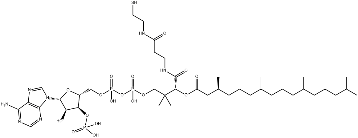 [(2S,3S,4R,5R)-5-(6-aminopurin-9-yl)-4-hydroxy-2-[[hydroxy-[hydroxy-[3-hydroxy-2,2-dimethyl-3-[2-[2-[(3S,7S,11R)-3,7,11,15-tetramethylhexadecanoyl]sulfanylethylcarbamoyl]ethylcarbamoyl]propoxy]phosphoryl]oxy-phosphoryl]oxymethyl]oxolan-3-yl]oxyphosphonic acid Struktur