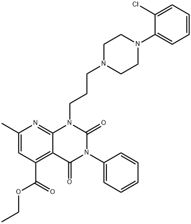 ethyl 10-[3-[4-(2-chlorophenyl)piperazin-1-yl]propyl]-3-methyl-7,9-dio xo-8-phenyl-2,8,10-triazabicyclo[4.4.0]deca-1,3,5-triene-5-carboxylate Struktur