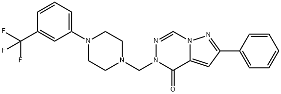 8-phenyl-4-[[4-[3-(trifluoromethyl)phenyl]piperazin-1-yl]methyl]-1,3,4 ,9-tetrazabicyclo[4.3.0]nona-2,6,8-trien-5-one Struktur