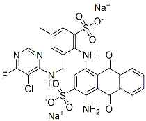 disodium 1-amino-4-(2-(5-chloro-6-fluoro-pyrimidin-4-ylamino-methyl)-4-methyl-6-sulfo-phenylamino)-9,10-dioxo-9,10-dihydro-anthracene-2-sulfonate Struktur