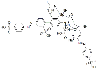 Benzenesulfonic acid, 2,2-(1-methyl-1,2-ethanediyl)bisimino(6-fluoro-1,3,5-triazine-4,2-diyl)imino2-(aminocarbonyl)amino-4,1-phenyleneazobis5-(4-sulfophenyl)azo-, sodium salt Struktur