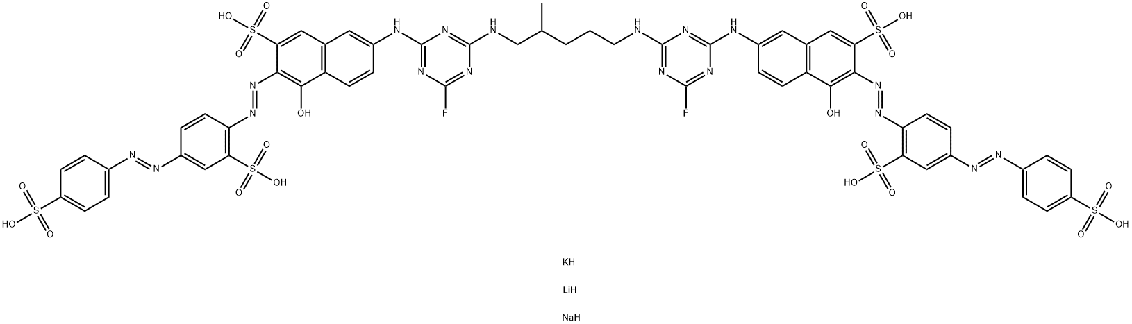 2-Naphthalenesulfonic acid, 7,7-(2-methyl-1,5-pentanediyl)bisimino(6-fluoro-1,3,5-triazine-4,2-diyl)iminobis4-hydroxy-3-2-sulfo-4-(4-sulfophenyl)azophenylazo-, lithium potassium sodium salt Struktur