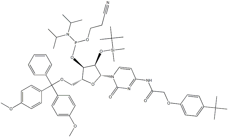 5'-O-(4,4-Dimethoxytrityl)-2'-O-[(tert-butyl)dimethylsilyl]-N-[[4-(tert-butyl)phenoxy]acetyl]cytidine-3'-(2-cyanoethyl-N,N-diisopropyl)phosphoramidite Struktur