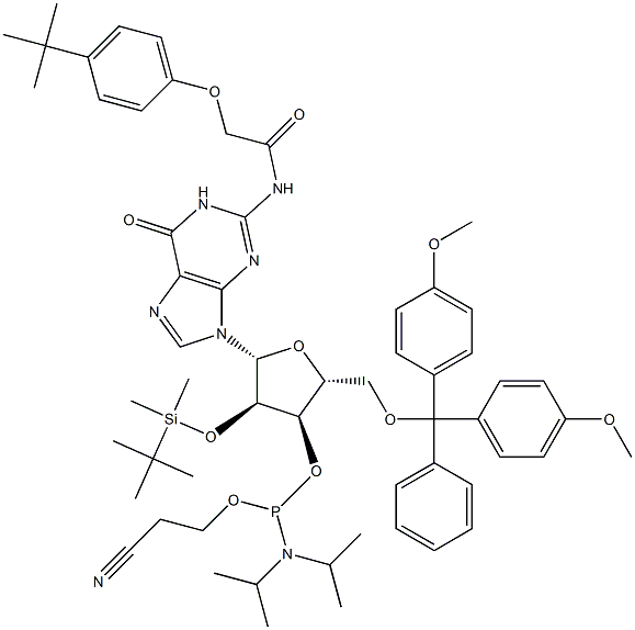 5'-O-(4,4-Dimethoxytrityl)-2'-O-[(tert-butyl)dimethylsilyl]-N-[[4-(tert-butyl)phenoxy]acetyl]guanosine-3'-(2-cyanoethyl-N,N-diisopropyl)phosphoramidite Struktur