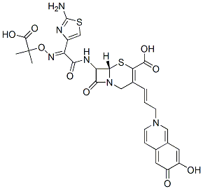 7-(2-(2-aminothiazol-4-yl)-2-(1-carboxy-1-methylethoxyimino)acetamido)-3-(3-(2,6-dihydro-7-hydroxy-6-oxoisoquinolin-2-yl)propen-1-yl)-3-cephem-4-carboxylic acid Struktur