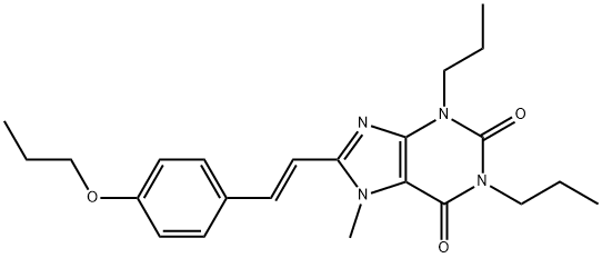 (E)-1,3-Dipropyl-7-methyl-8-(2-(4-propoxyphenyl)ethenyl)-3,7-dihydro-1 H-purine-2,6-dione Struktur