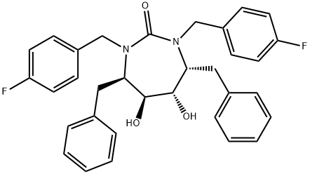 (4R,5S,6S,7R)-4,7-dibenzyl-1,3-bis[(4-fluorophenyl)methyl]-5,6-dihydro xy-1,3-diazepan-2-one Struktur