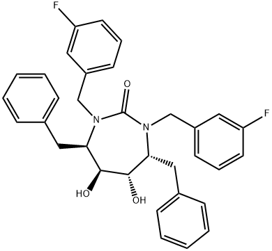 (4R,5S,6S,7R)-4,7-dibenzyl-1,3-bis[(3-fluorophenyl)methyl]-5,6-dihydro xy-1,3-diazepan-2-one Struktur