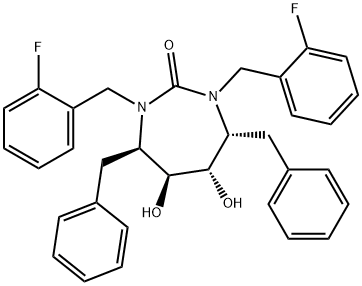 (4R,5S,6S,7R)-4,7-dibenzyl-1,3-bis[(2-fluorophenyl)methyl]-5,6-dihydro xy-1,3-diazepan-2-one Struktur