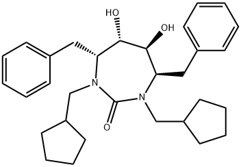 2H-1,3-Diazepin-2-one, 1,3-bis(cyclopentylmethyl)hexahydro-5,6-dihydro xy-4,7-bis(phenylmethyl)-, (4R,5S,6S,7R)- Struktur