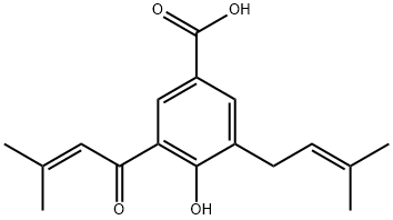 4-Hydroxy-3-(3-methyl-2-buteyl)-
5-(3-methyl-2-butenyl)benzoic acid Struktur