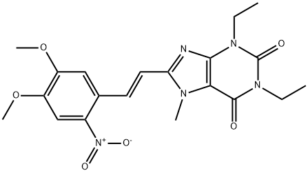 1H-Purine-2,6-dione, 3,7-dihydro-1,3-diethyl-8-(2-(4,5-dimethoxy-2-nit rophenyl)ethenyl)-7-methyl-, (E)- Struktur