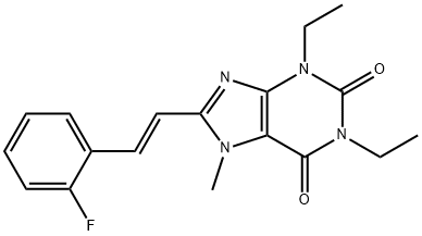 (E)-1,3-Diethyl-8-(2-(2-fluorophenyl)ethenyl)-7-methyl-3,7-dihydro-1H- purine-2,6-dione Struktur