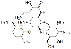 (2S)-4-amino-N-[(1R,2S,3S,4R,5S)-3,5-diamino-4-[(2R,3R,6S)-3-amino-6-( aminomethyl)oxan-2-yl]oxy-2-[(2S,3R,4R,5S,6R)-3,4-diamino-5-hydroxy-6- (hydroxymethyl)oxan-2-yl]oxy-cyclohexyl]-2-hydroxy-butanamide Struktur