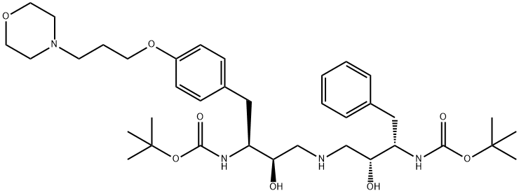 12-Oxa-2,6,10-triazatetradecanoic acid, 4,8-dihydroxy-13,13-dimethyl-3 -[[4-[3-(4-morpholinyl)propoxy]phenyl]methyl]-11-oxo-9-(phenylmethyl)- , 1,1-dimethylethyl ester, [3S-(3R*,4S*,8S*,9R*)]- Struktur