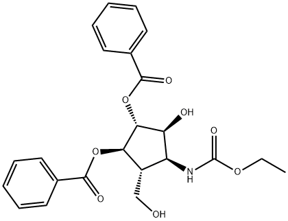 Carbamic acid, 3,4-bis(benzoyloxy)-2-hydroxy-5-(hydroxymethyl)cyclopentyl-, ethyl ester, 1S-(1.alpha.,2.alpha.,3.beta.,4.alpha.,5.beta.)- Struktur