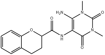 2H-1-Benzopyran-2-carboxamide,  N-(6-amino-1,2,3,4-tetrahydro-1,3-dimethyl-2,4-dioxo-5-pyrimidinyl)-3,4-dihydro- Struktur