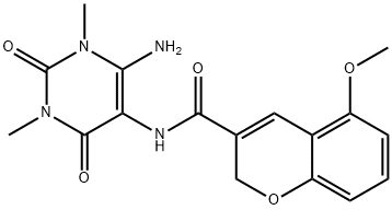 2H-1-Benzopyran-3-carboxamide,  N-(6-amino-1,2,3,4-tetrahydro-1,3-dimethyl-2,4-dioxo-5-pyrimidinyl)-5-methoxy- Struktur