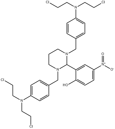 2-[1,3-bis[[4-[bis(2-chloroethyl)amino]phenyl]methyl]-1,3-diazinan-2-yl]-4-nitro-phenol Struktur