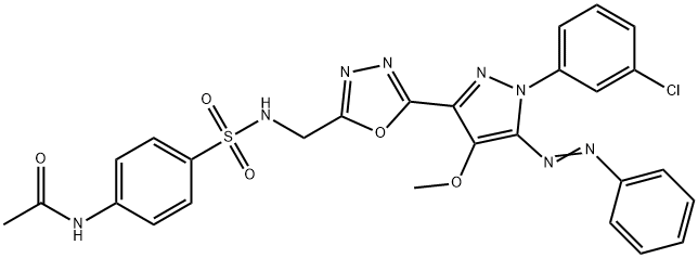 N-[4-[[5-[1-(3-chlorophenyl)-4-methoxy-5-phenyldiazenyl-pyrazol-3-yl]- 1,3,4-oxadiazol-2-yl]methylsulfamoyl]phenyl]acetamide Struktur