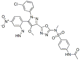 N-[4-[[5-[1-(3-chlorophenyl)-4-methoxy-5-(4-nitrophenyl)diazenyl-pyraz ol-3-yl]-1,3,4-oxadiazol-2-yl]methylsulfamoyl]phenyl]acetamide Struktur